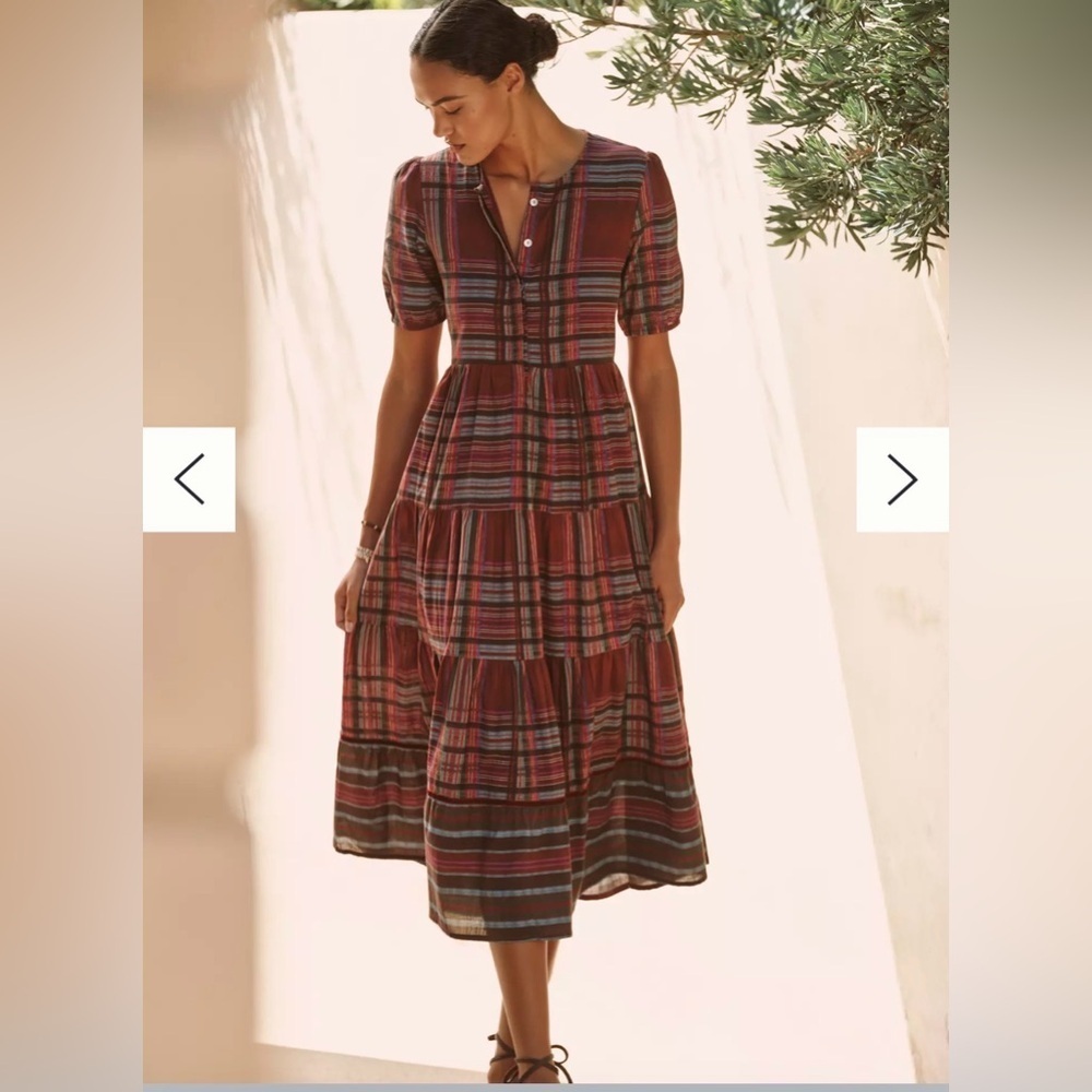 Anthropologie Ro's Garden Daphne Short-Sleeve Midi Dress Small Red Pattern NWT